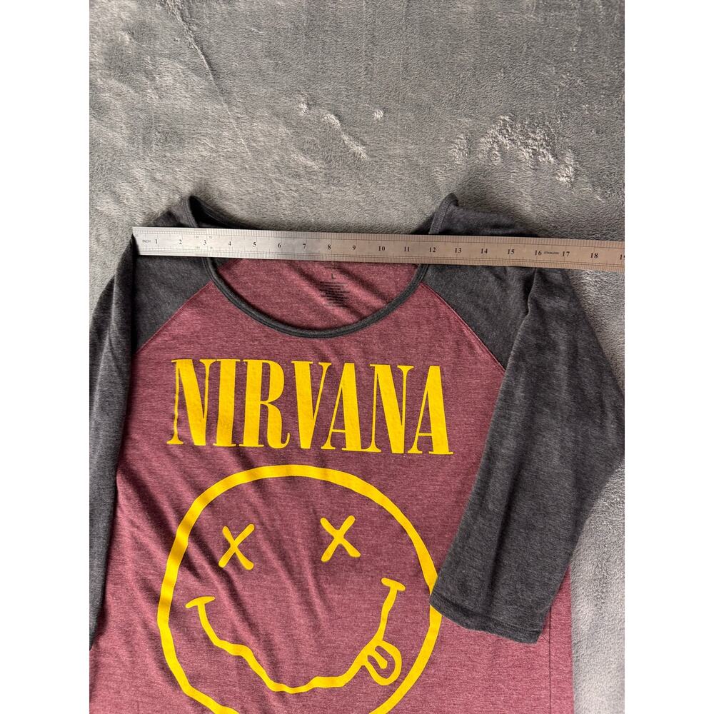 nirvana smiley face raglan 3/4 sleeve graphic band shirt burgundy gray L - Picture 4 of 7